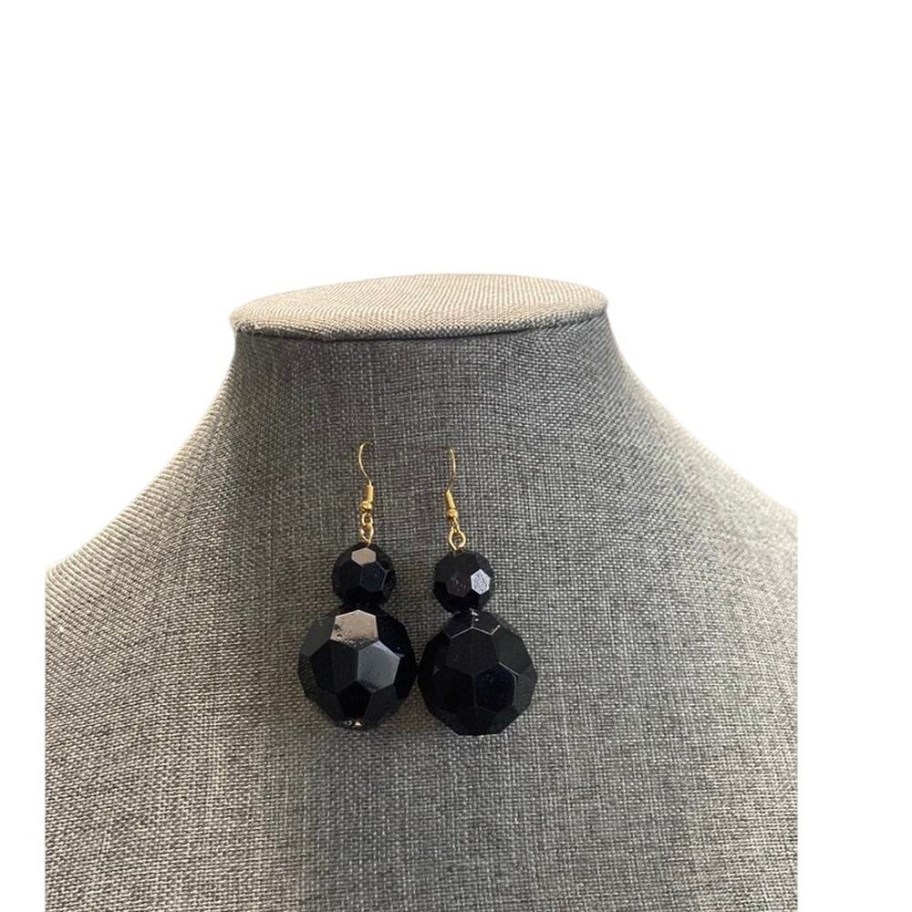 black bead earrings gold tone